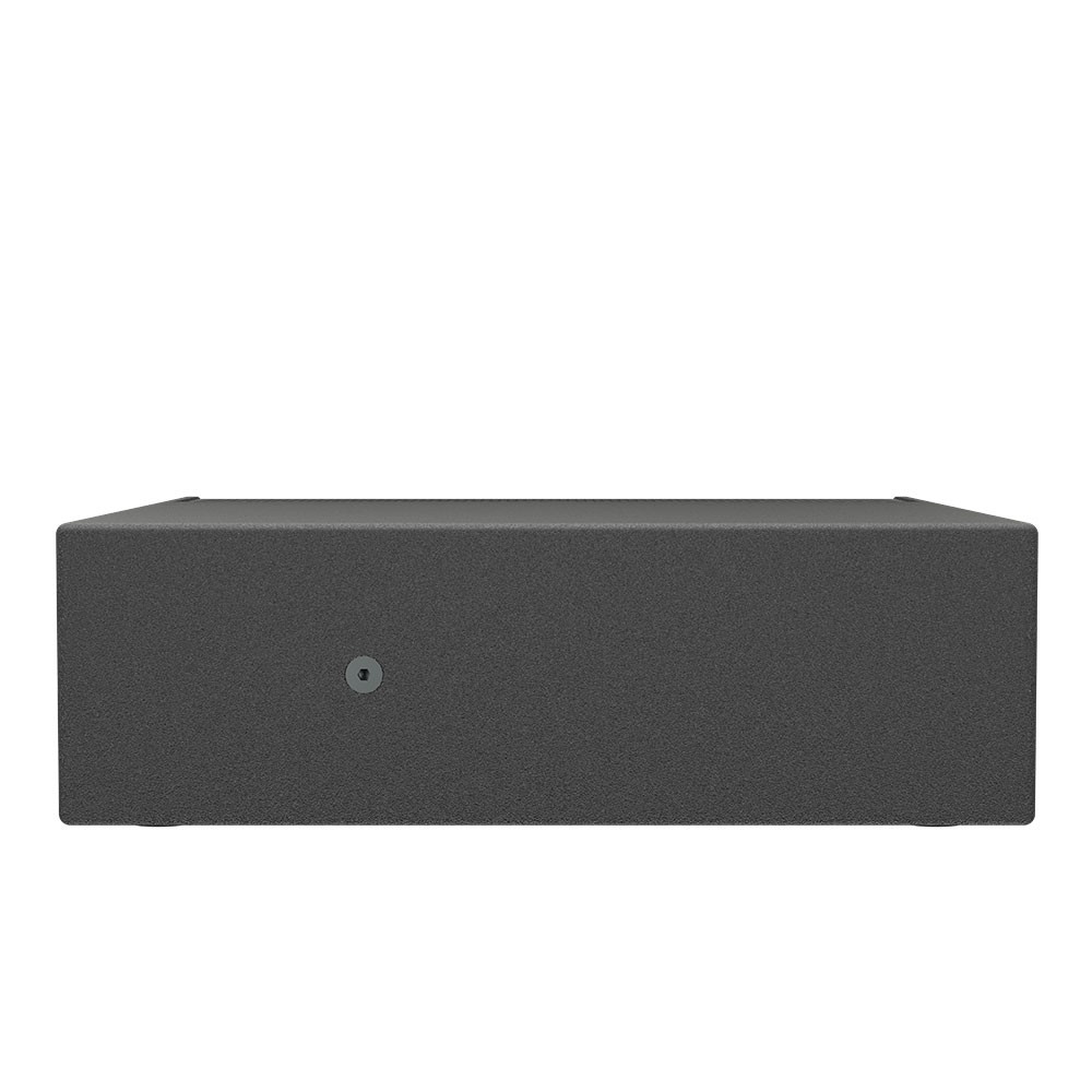 Gray rectangular box with a small circular indentation.