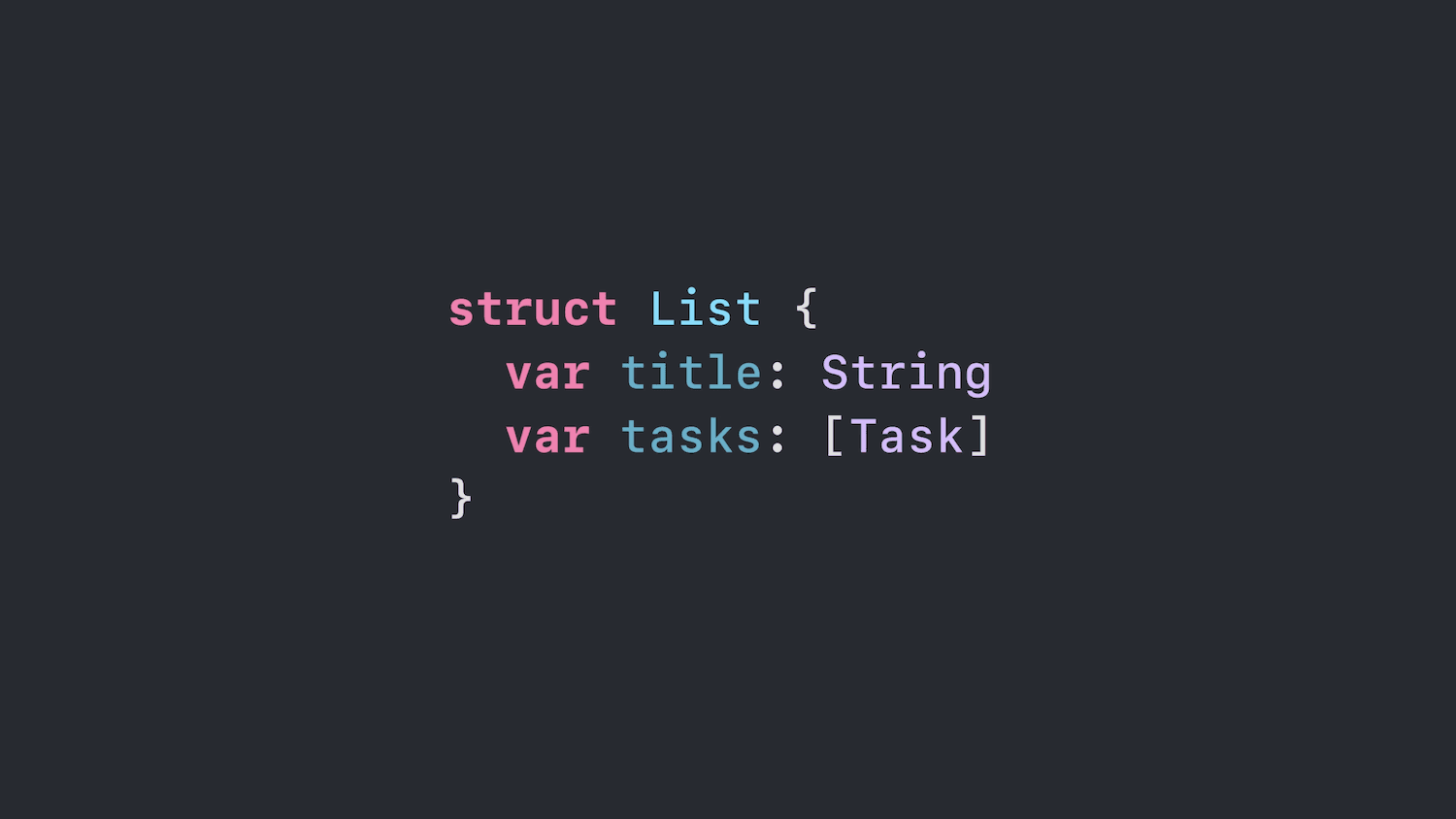 Swift code showing a List object with two properties