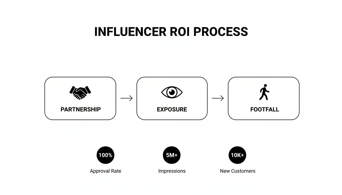 Flowchart illustrating the influencer marketing ROI process with steps: partnership, exposure, and footfall, along with key metrics.