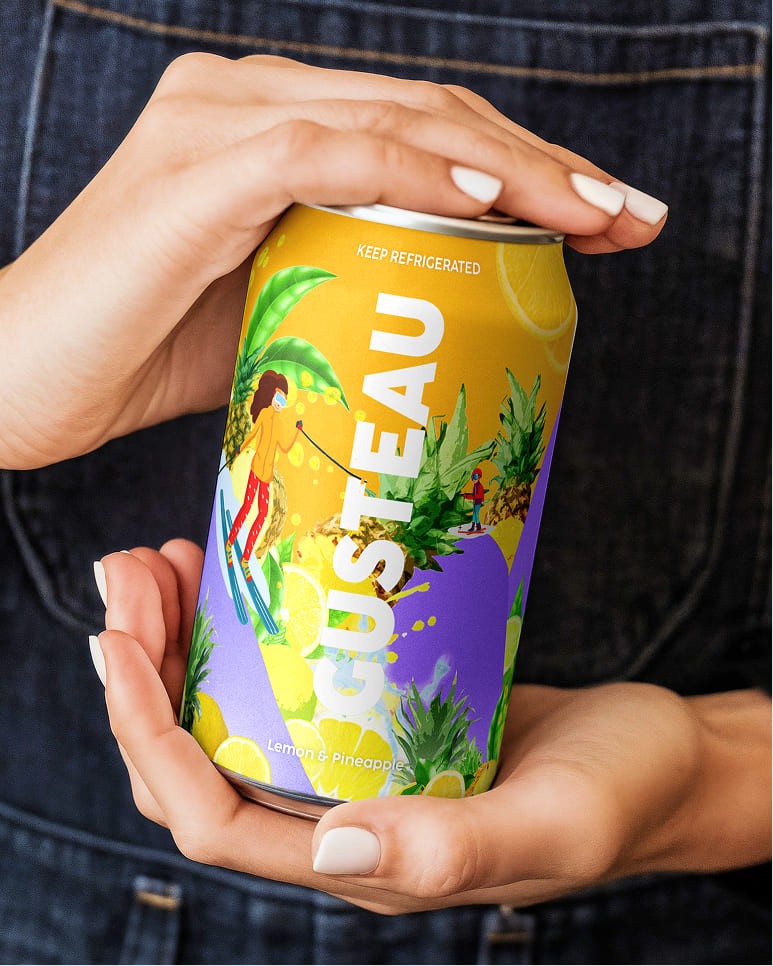 Gusteau fruit soda can packaging design collection featuring multiple flavors