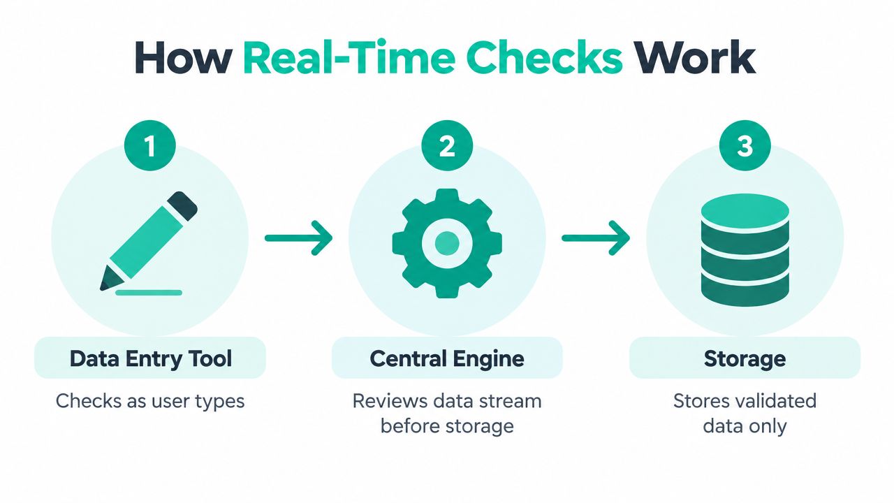 A diagram illustrating the three-step process of real-time data validation from entry to final storage.