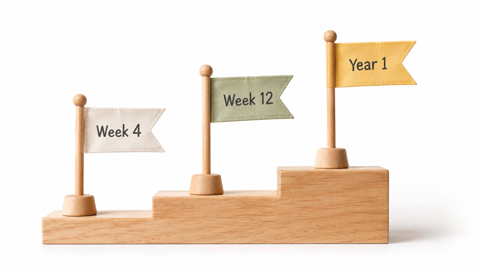A wooden step platform displaying three flags labeled Week 4, Week 12, and Year 1 milestones.