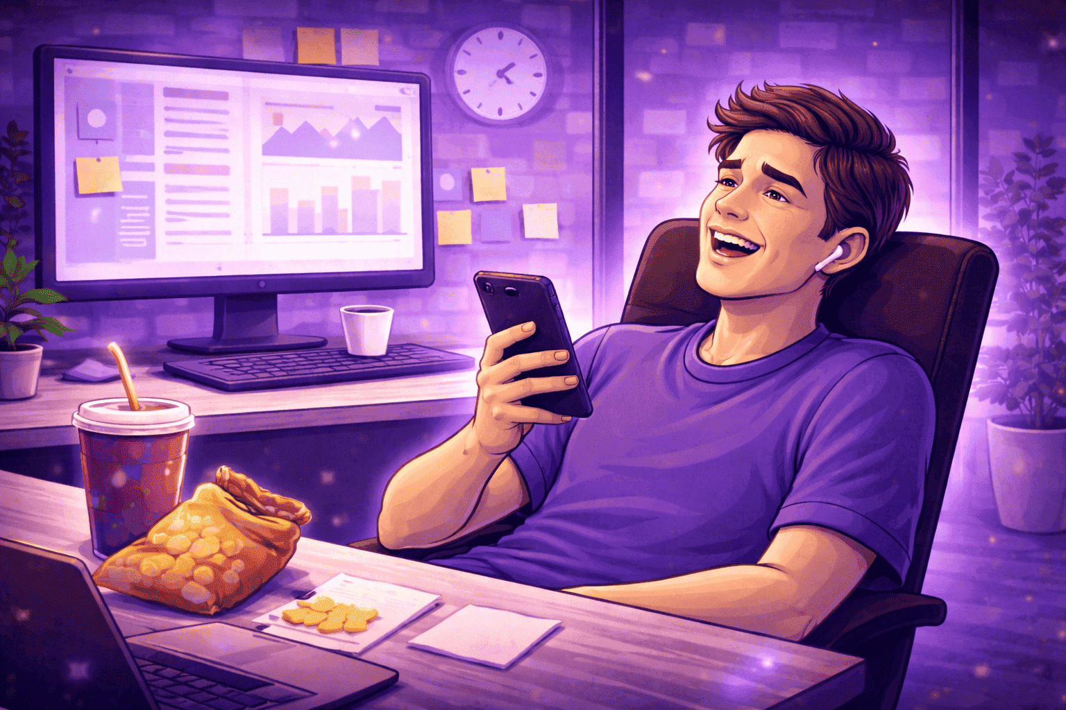 Employee sitting at a desk laughing while using a smartphone, with snacks and a work monitor in the background, showing clear disengagement from tasks.