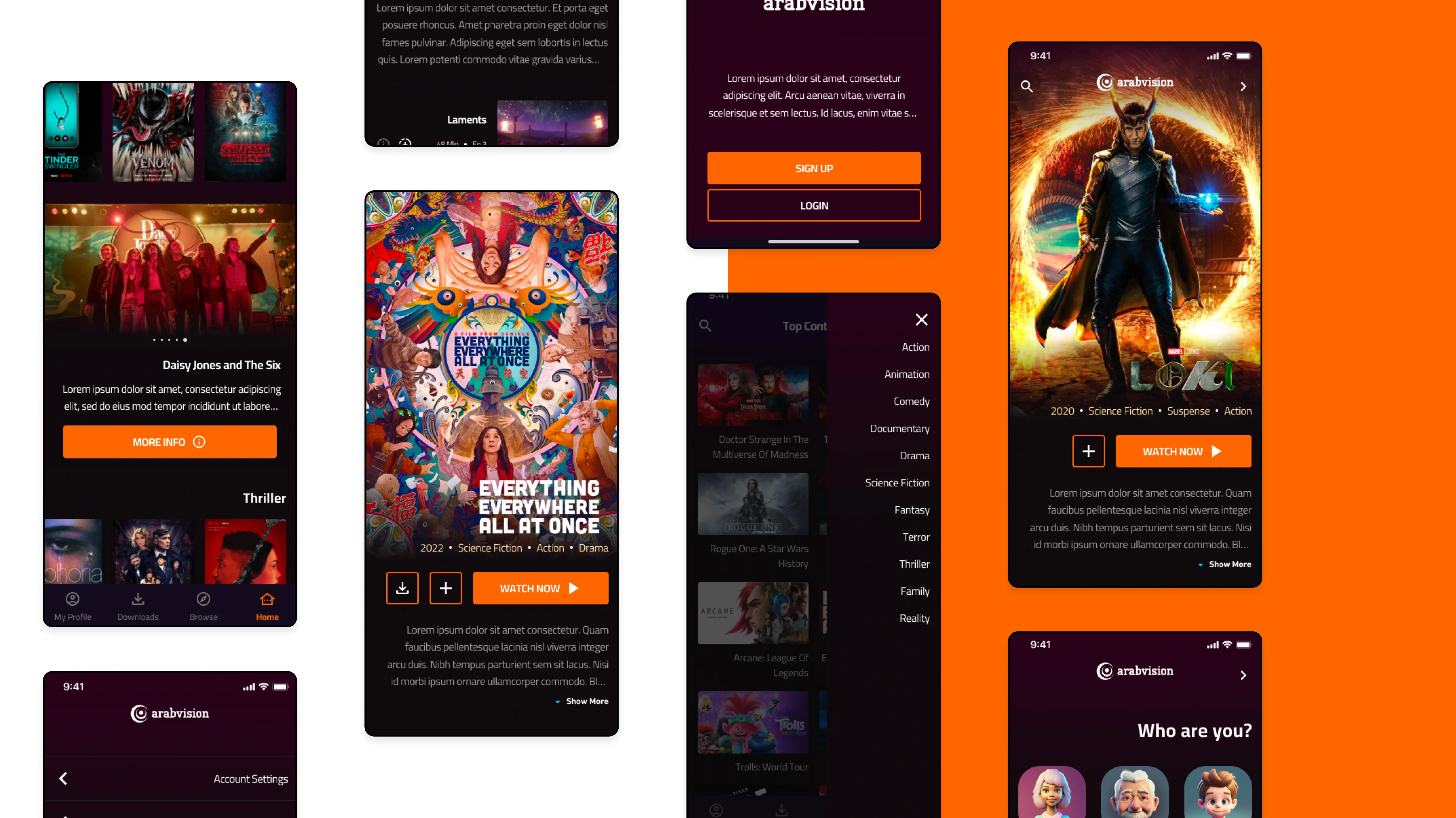 A set of movie app mockups showcasing various screens and features.