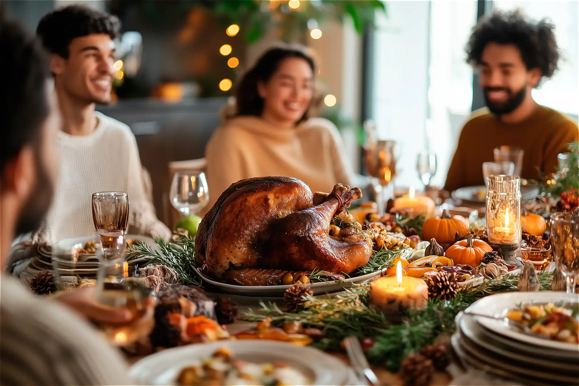 A group of friends gathered around the dinner table with Thanksgiving dinner set out. In the center of the table is a large turkey.