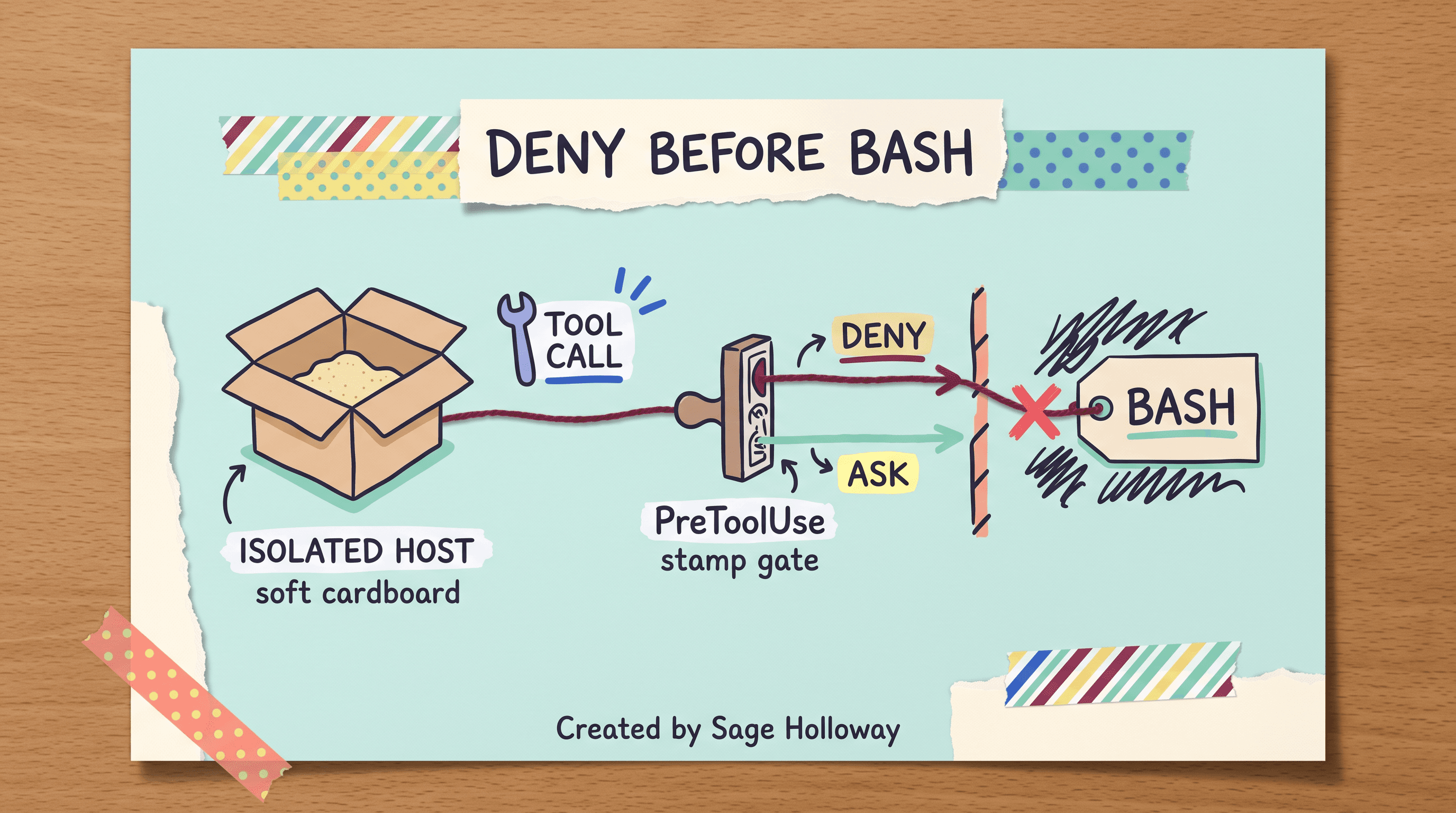 Diagram of Claude Agent SDK self-hosted sandbox flow with PreToolUse hooks denying unsafe Bash before execution