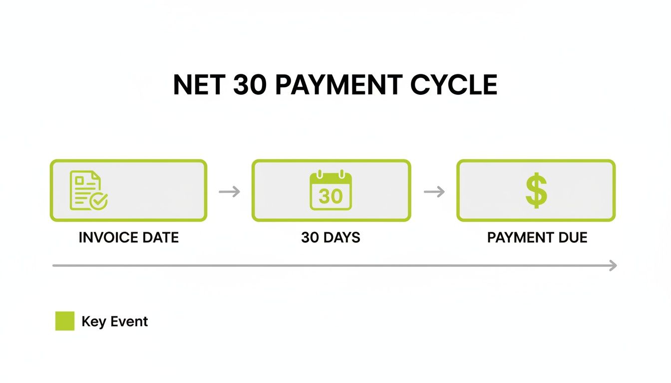 A flowchart illustrates the Net 30 payment cycle, showing invoice date, 30 days, and payment due.
