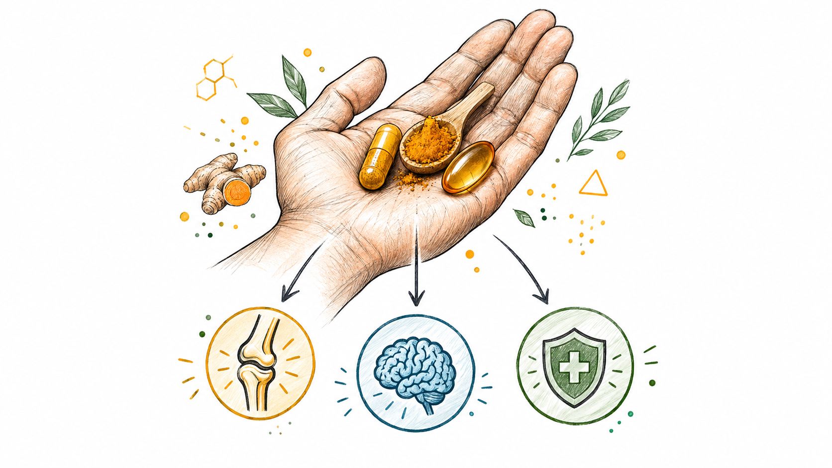 A hand holding turmeric supplement capsules and powder, symbolizing joint, brain, and immune system health benefits.