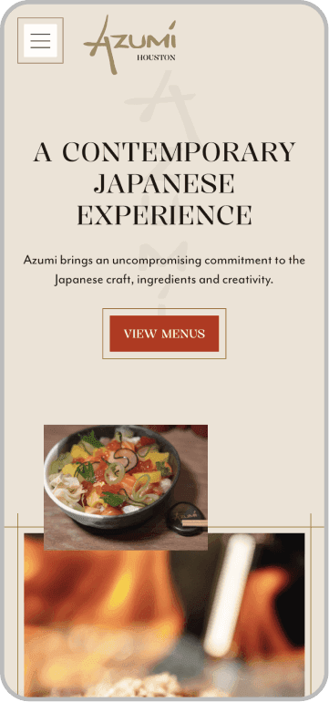 Mobile website for Azumi Houston displays the restaurant logo, description of its Japanese cuisine, a View Menus button, and a photo of a noodle dish on a tray.