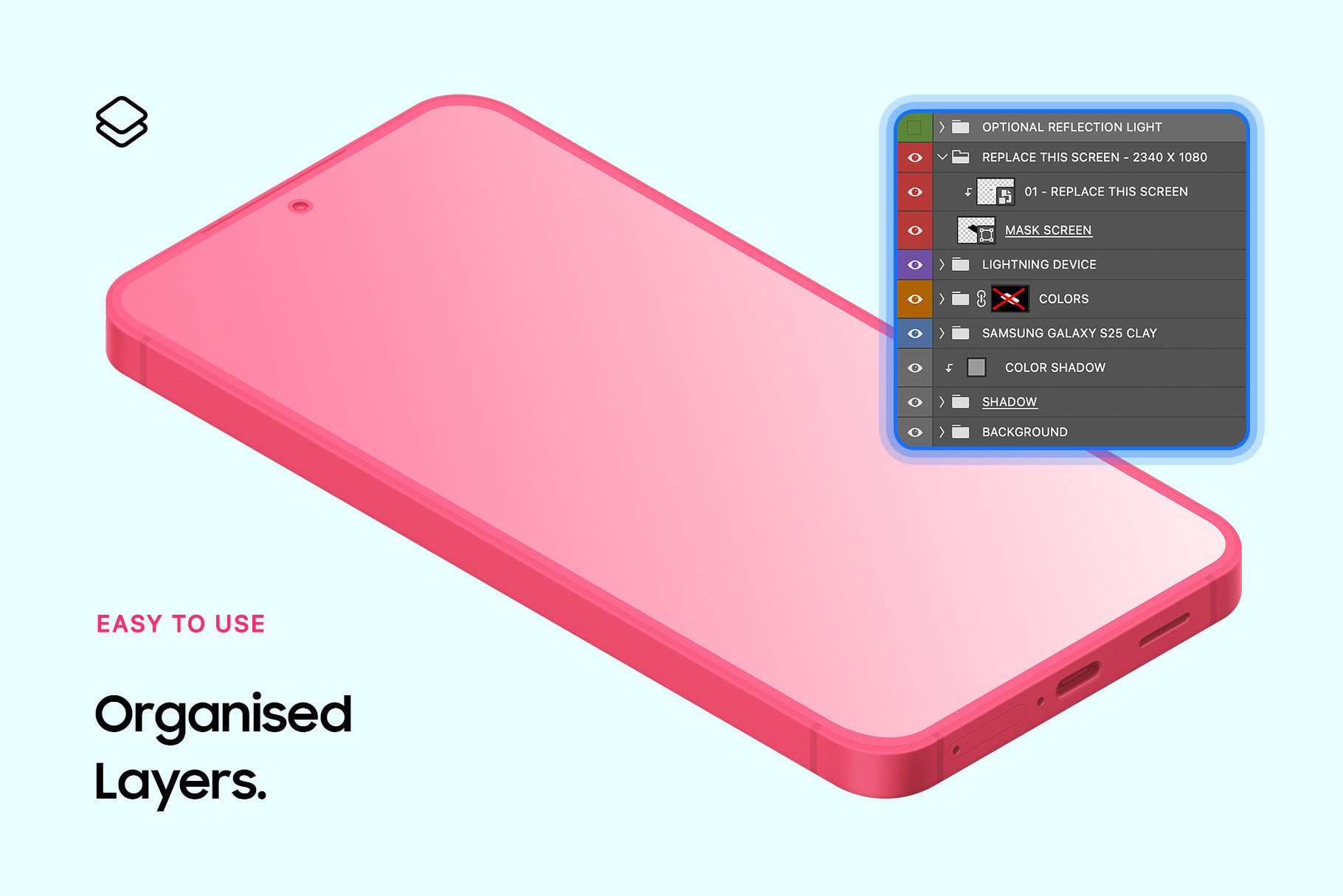 Editable clay mockup scene with organized layer panel shown, enabling simple and efficient customization in design software.