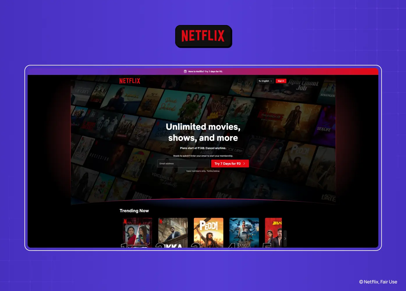 Netflix homepage combining account sign-in with a prominent free trial call-to-action and streaming content previews.