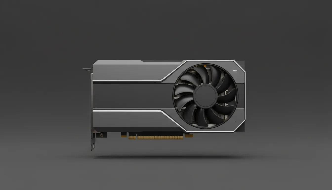 3D product render of an AMD Radeon Pro W7900 GPU, minimalist studio shot, direct side-on view, matte dark grey plastic shroud with silver accent lines, single blower-style fan, soft global illumination, subtle floating shadow, on a clean dark grey studio backdrop, high-tech industrial design.