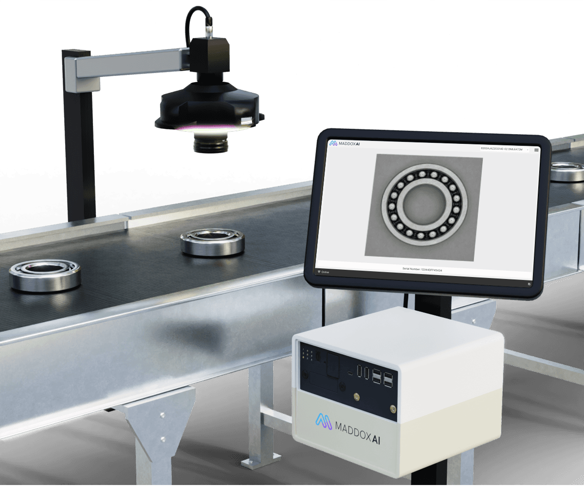 Maddox AI's retrofit solution in use to inspect ball bearings.
