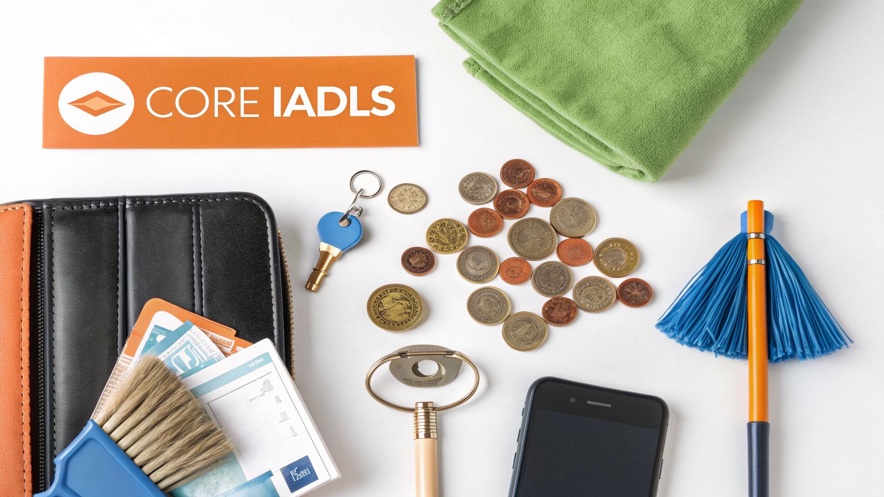 Flat lay of daily living essentials: wallet, keys, coins, smartphone, cleaning tools, and an 'IADLS' sign.