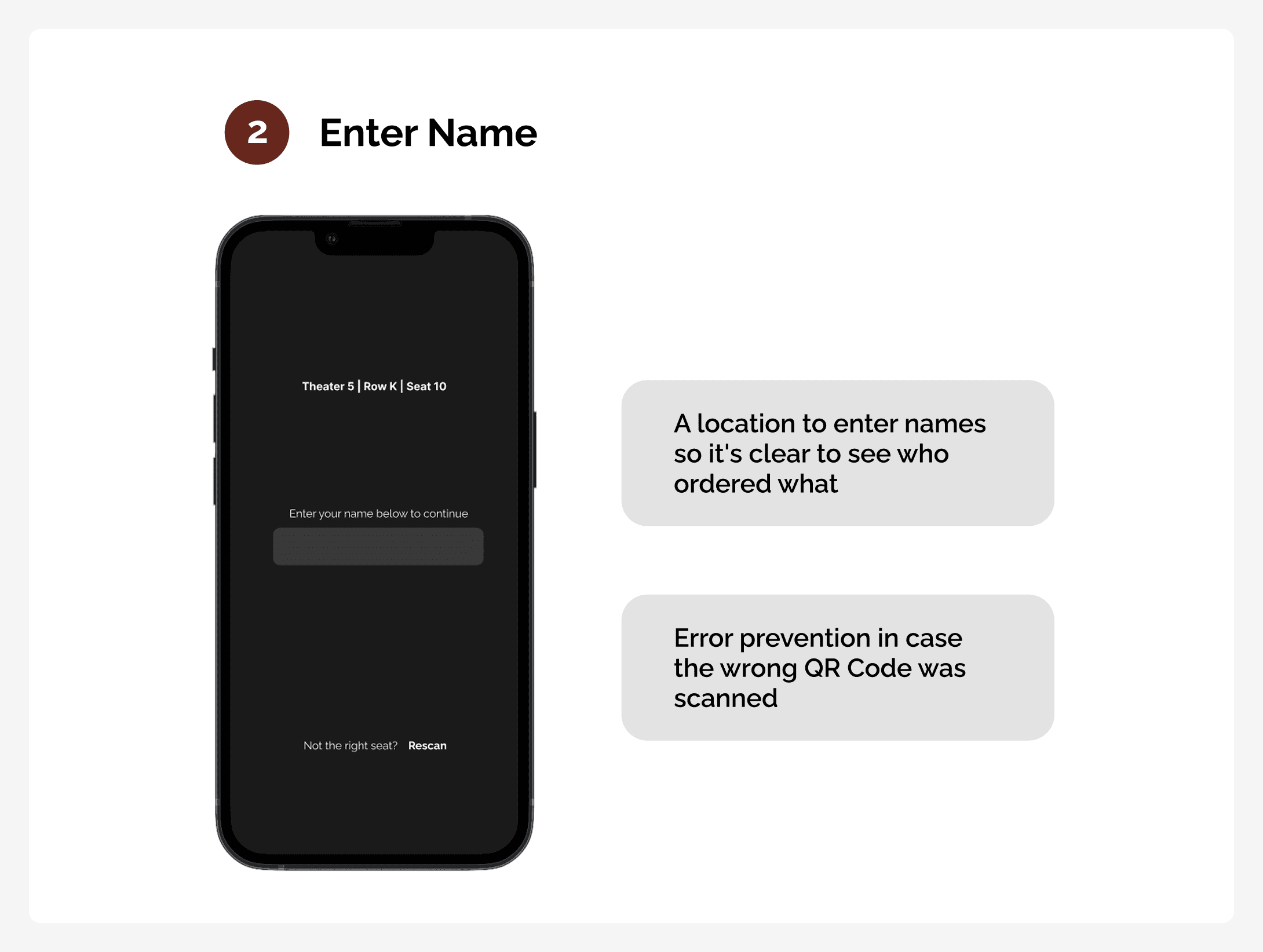 Step 2 of the Moovy Bites experience, allowing users to enter their name before joining a group order, making it easier to track individual purchases and prevent ordering from the wrong seat.
