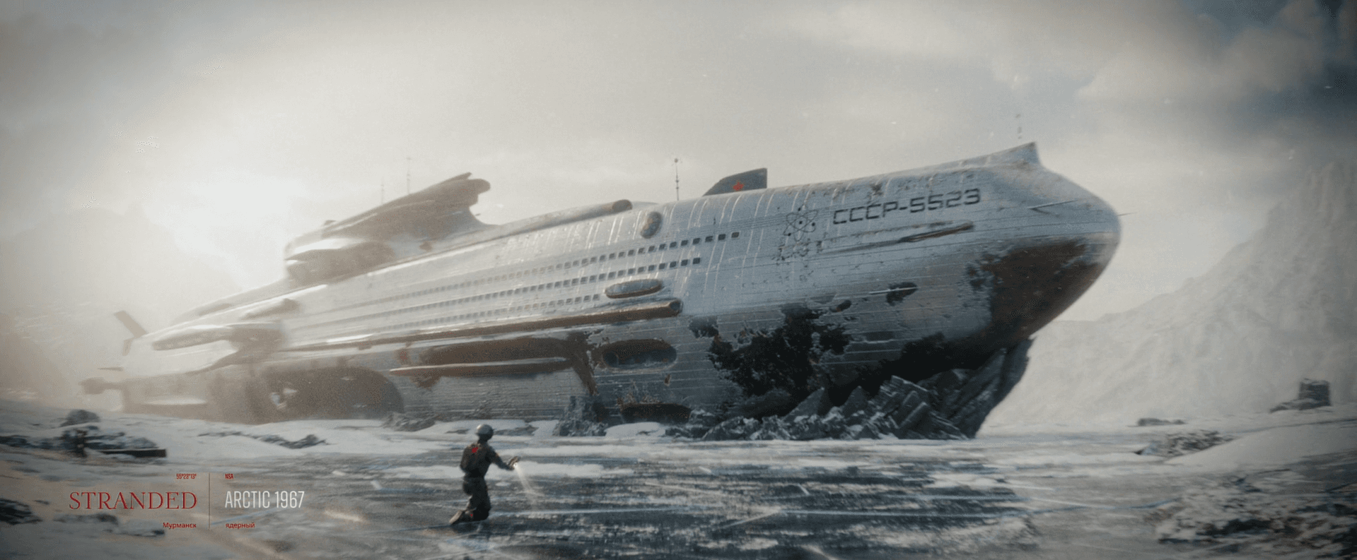 created by Dexity, a Minecraft service build team that is an official Minecraft partner. This showcases a fictional atompunk 1960s styled soviet nuclear powered submarine stranded on sharp rock cliffs in the middle of a frozen over ocean. A explorer with a scanner explores the wreckage.