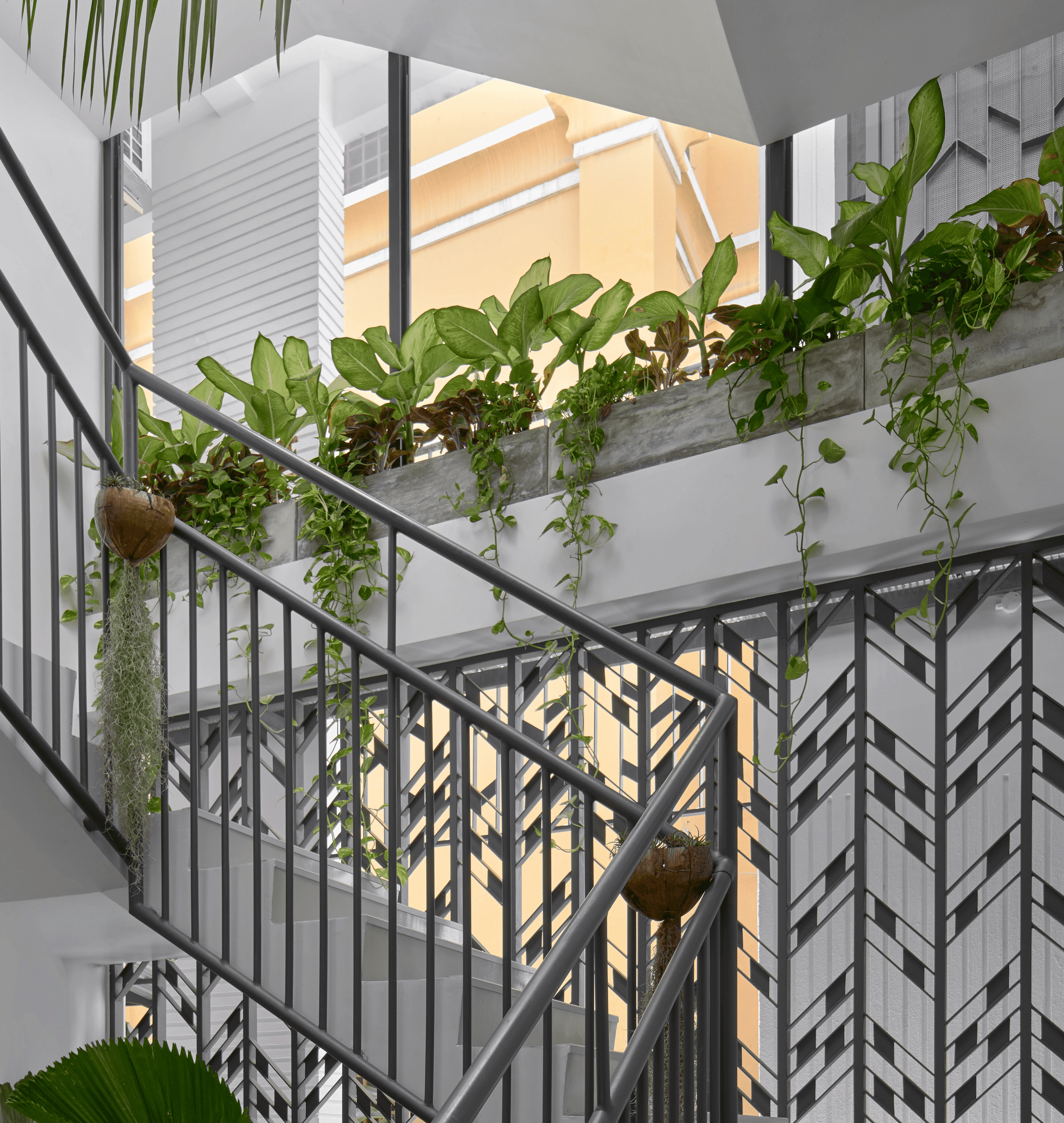 Internal staircase with integrated planter beds, steel balustrade, and natural daylight creating a biophilic transition space across office levels
