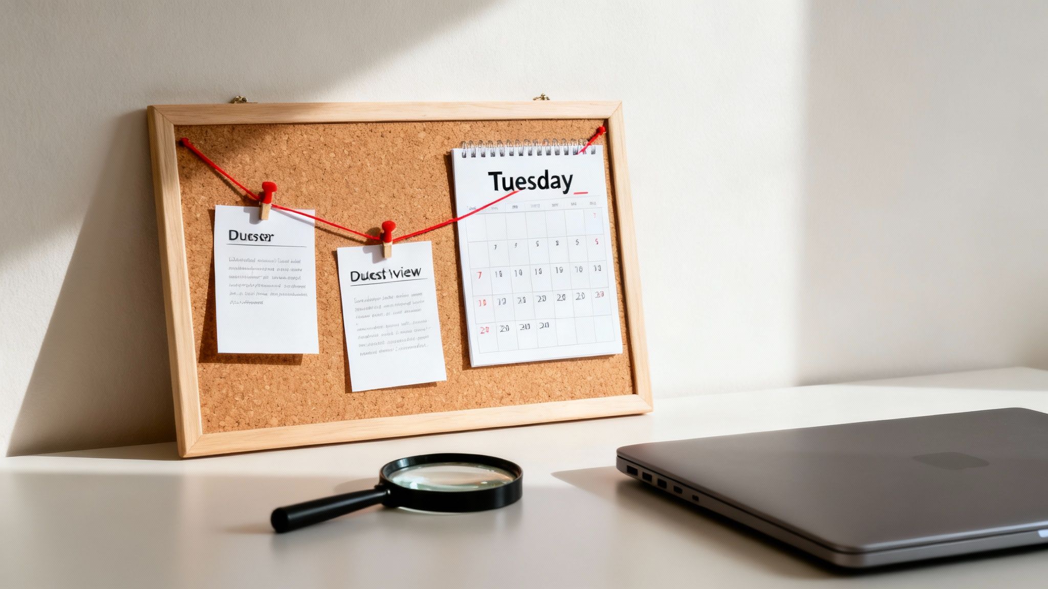 A cork board with notes, a calendar, a magnifying glass, and a laptop on a white desk.