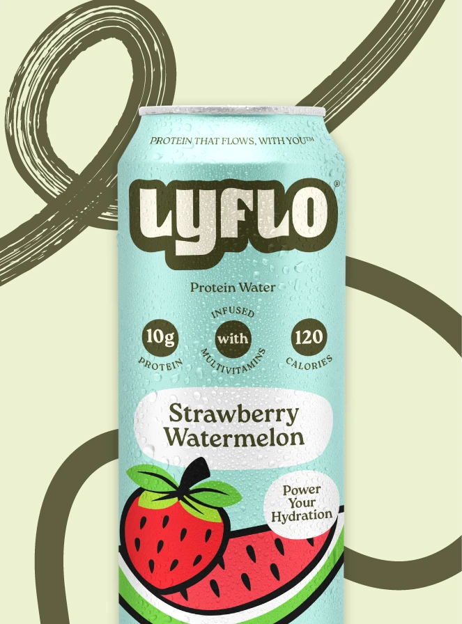 Lyflo protein water beverage on light green background with paintbrush stroke