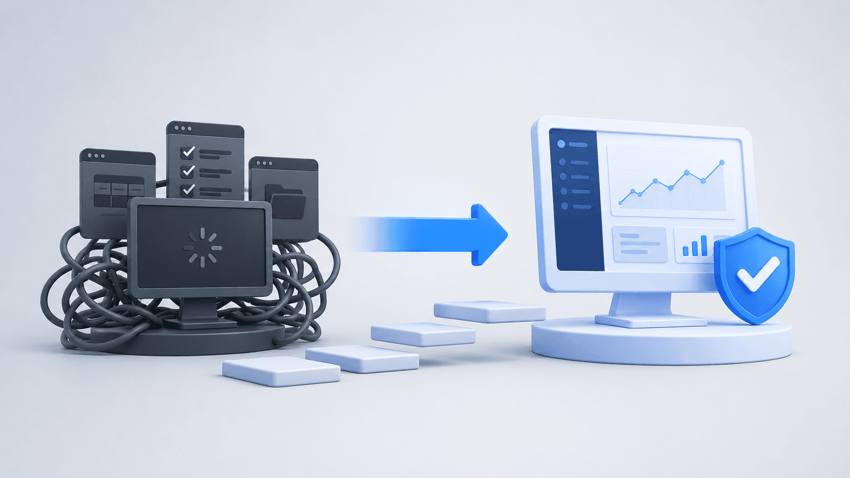 3D illustration showing a freight brokerage switching from an outdated transportation management system (TMS) to a modern TMS with a smooth migration process and uninterrupted operations.