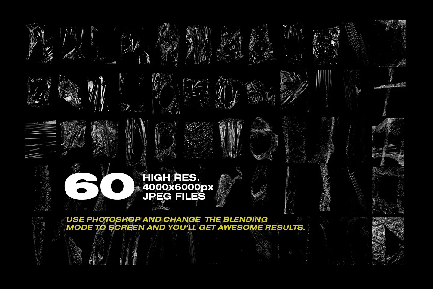 Collection of sixty plastic wrap textures JPEGs on black backgrounds optimized for screen blending modes