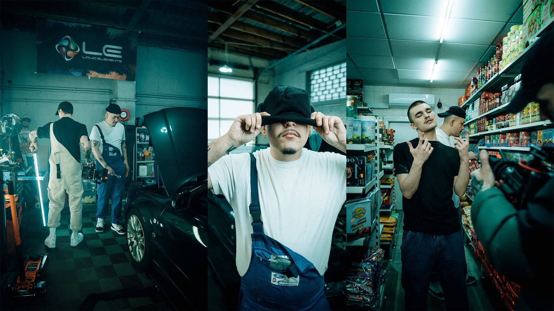 rapper in a garage workshop with cameramann and photographer in leipzig