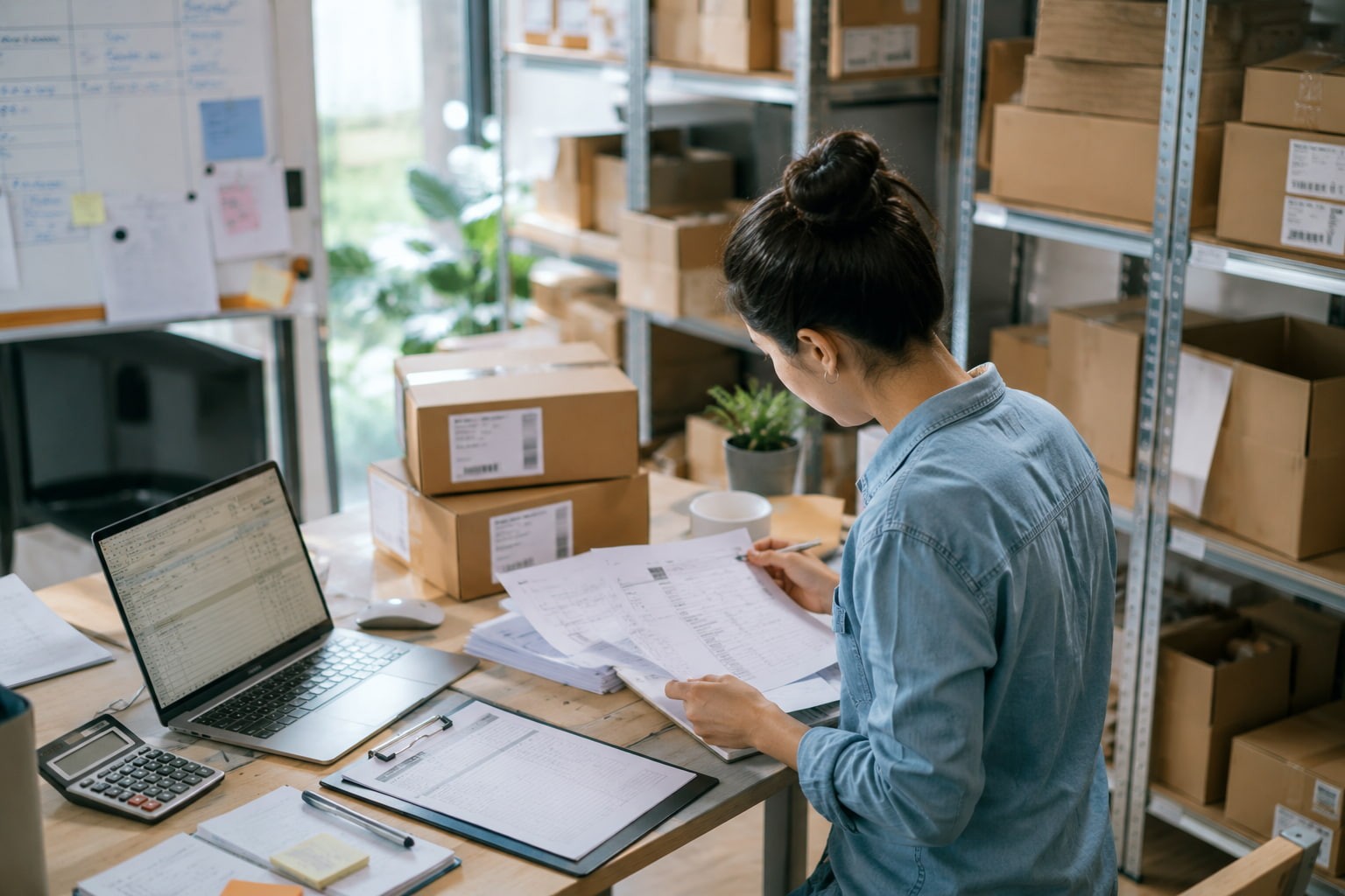 Person reviewing shipping documents and inventory records at a desk in a warehouse setting.