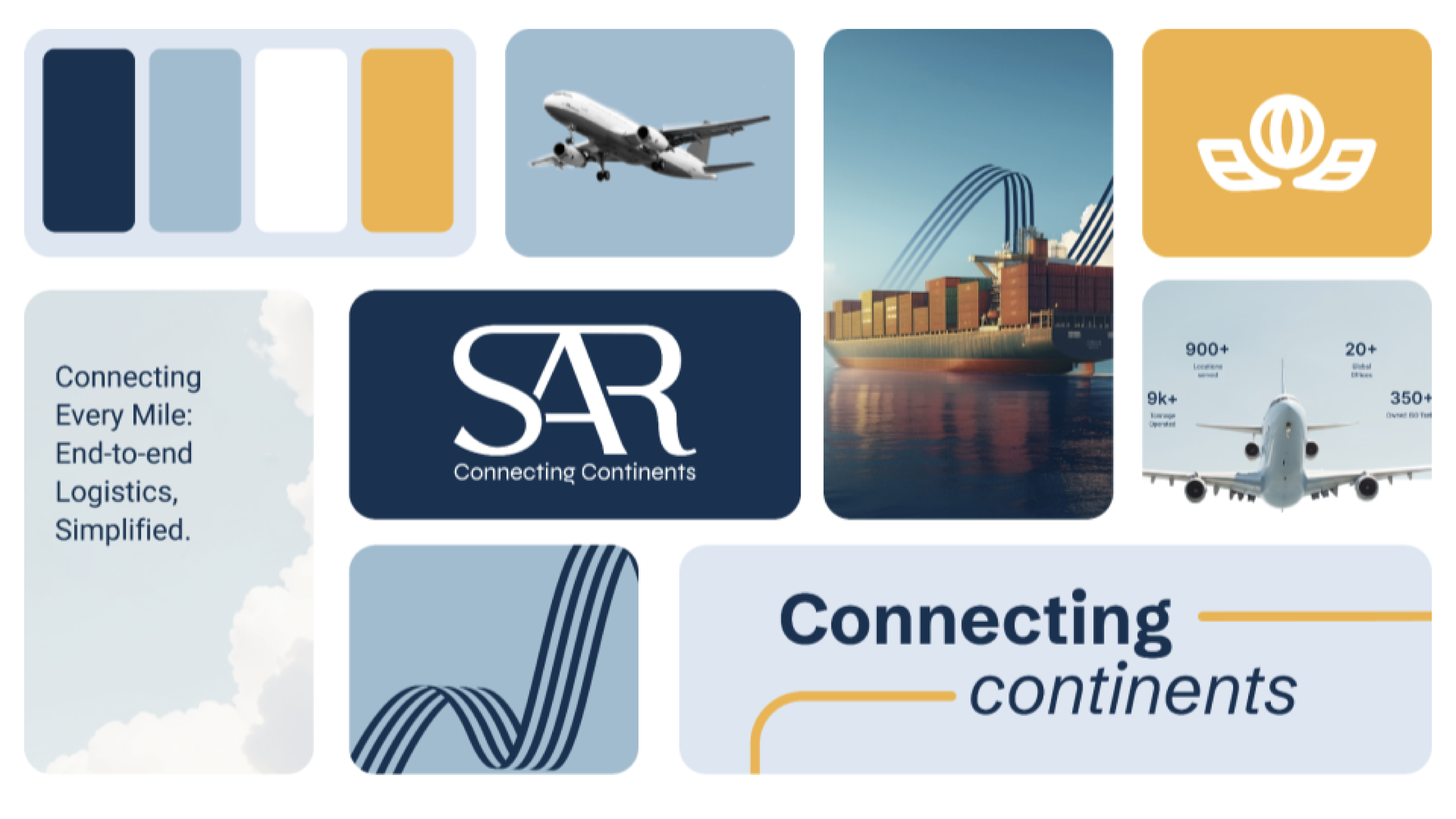 Collage showcasing SAR logistics services with images of planes and ships, emphasizing global connectivity and operational statistics.
