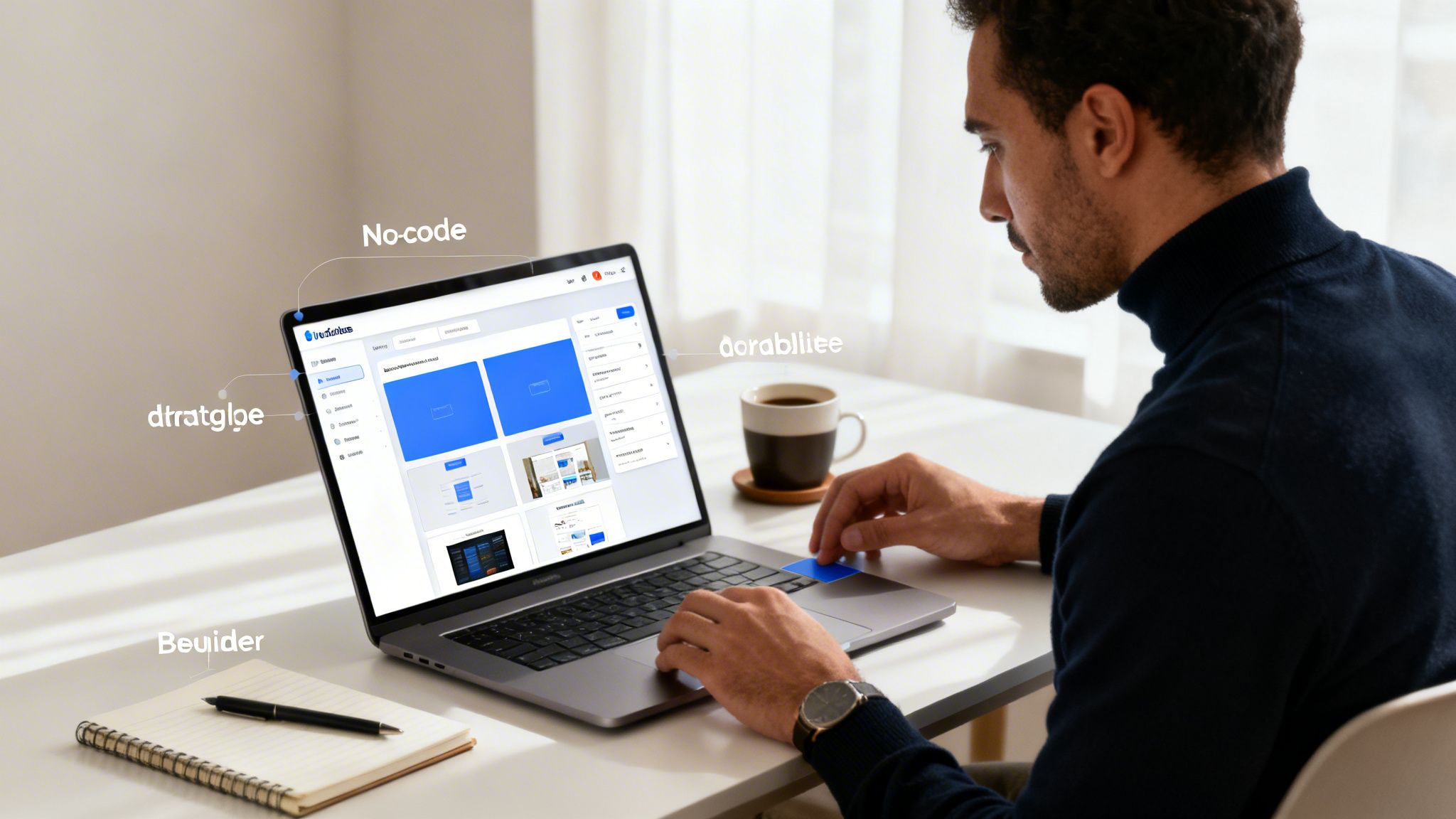 A man is intently working on a laptop, designing a website using a no-code platform.