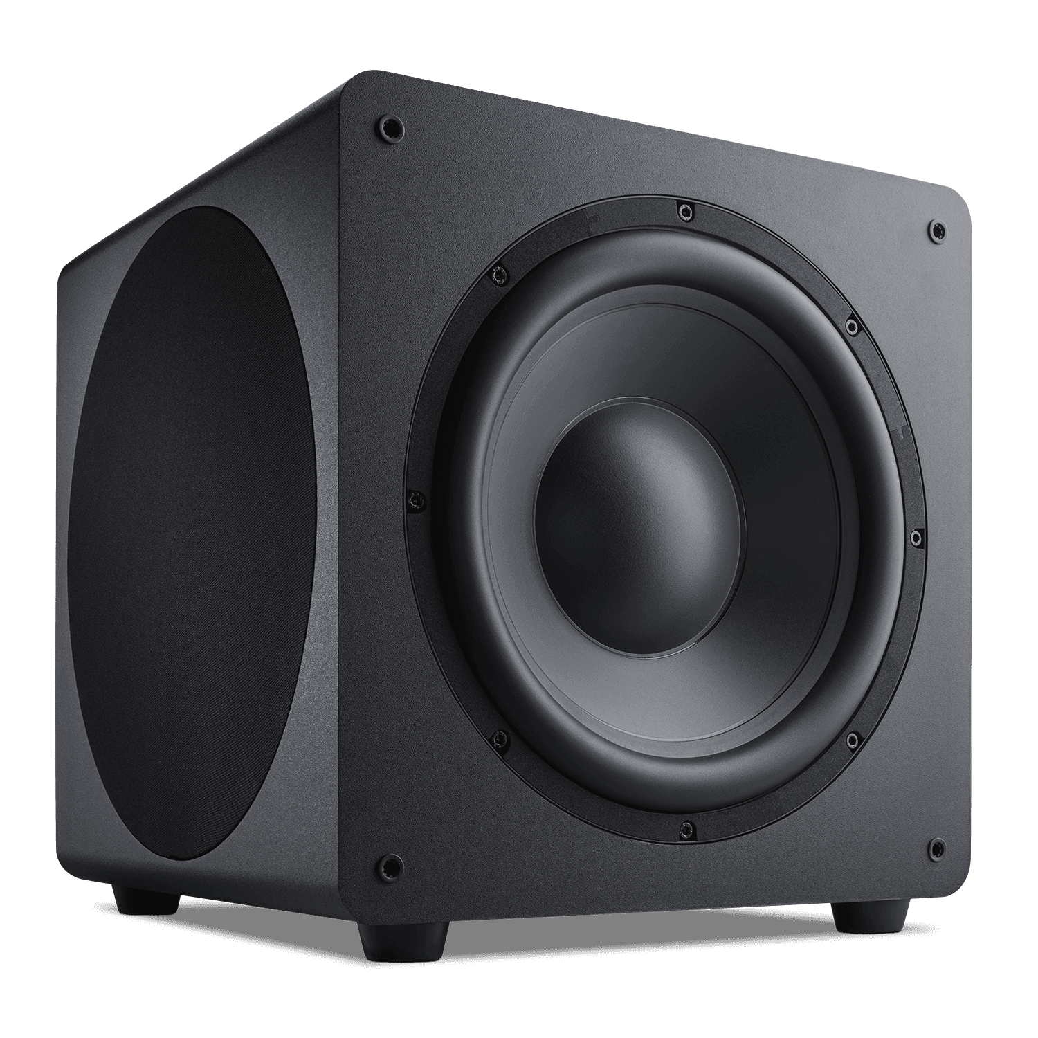 Black subwoofer with textured cabinet and woofer
