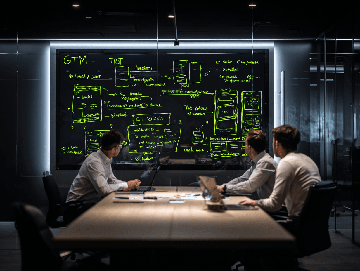 A group of founders looking at a black board with things related to GTM written on it