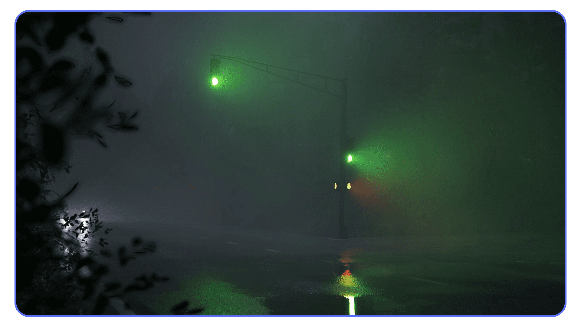 A cinematic night scene in heavy fog showing a green traffic light illuminating a wet, reflective road surface, with soft light scattering through the mist.