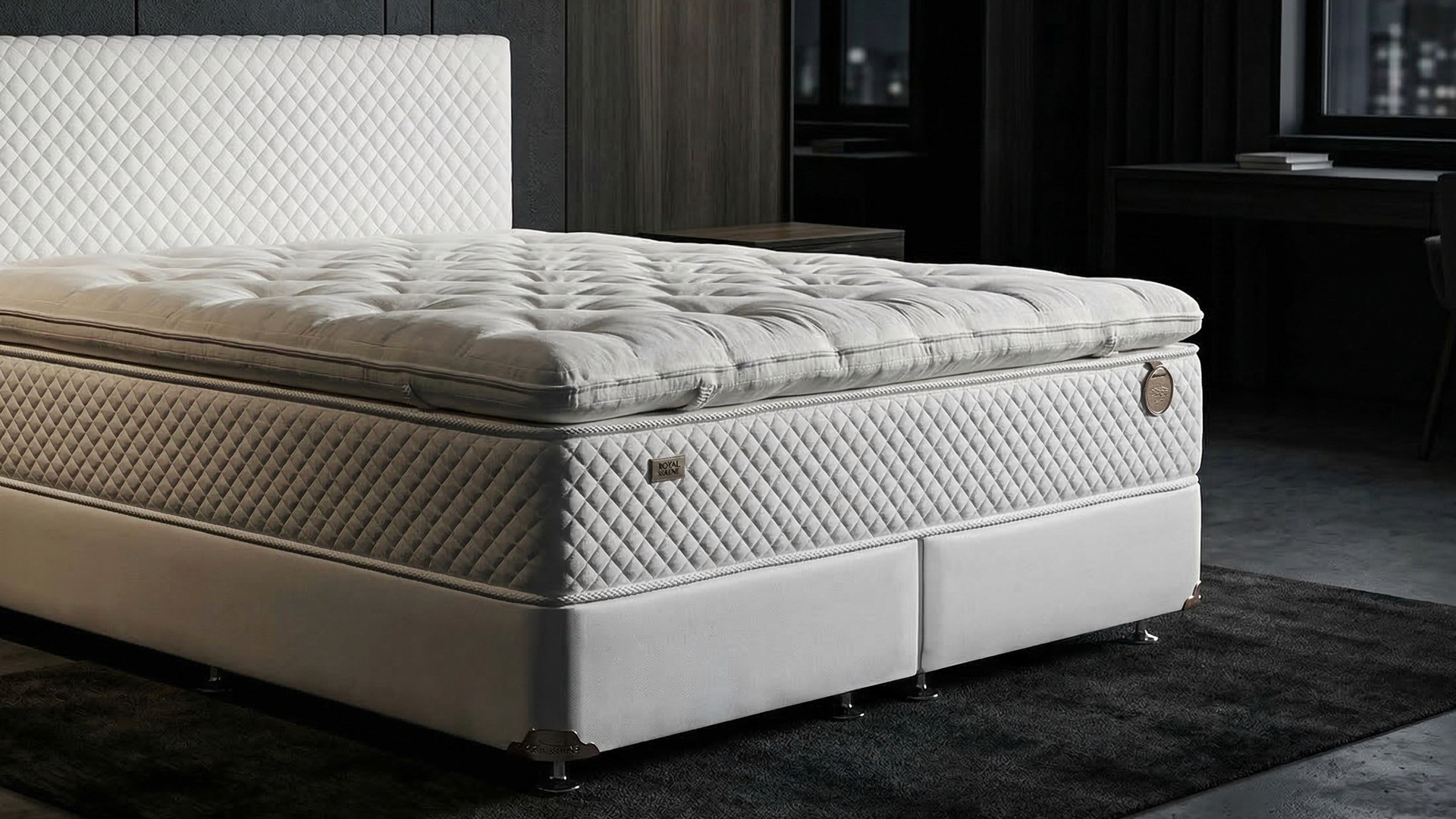 Minimalist passageway with tall curved rust-colored metal walls and dramatic sunlight shadows.