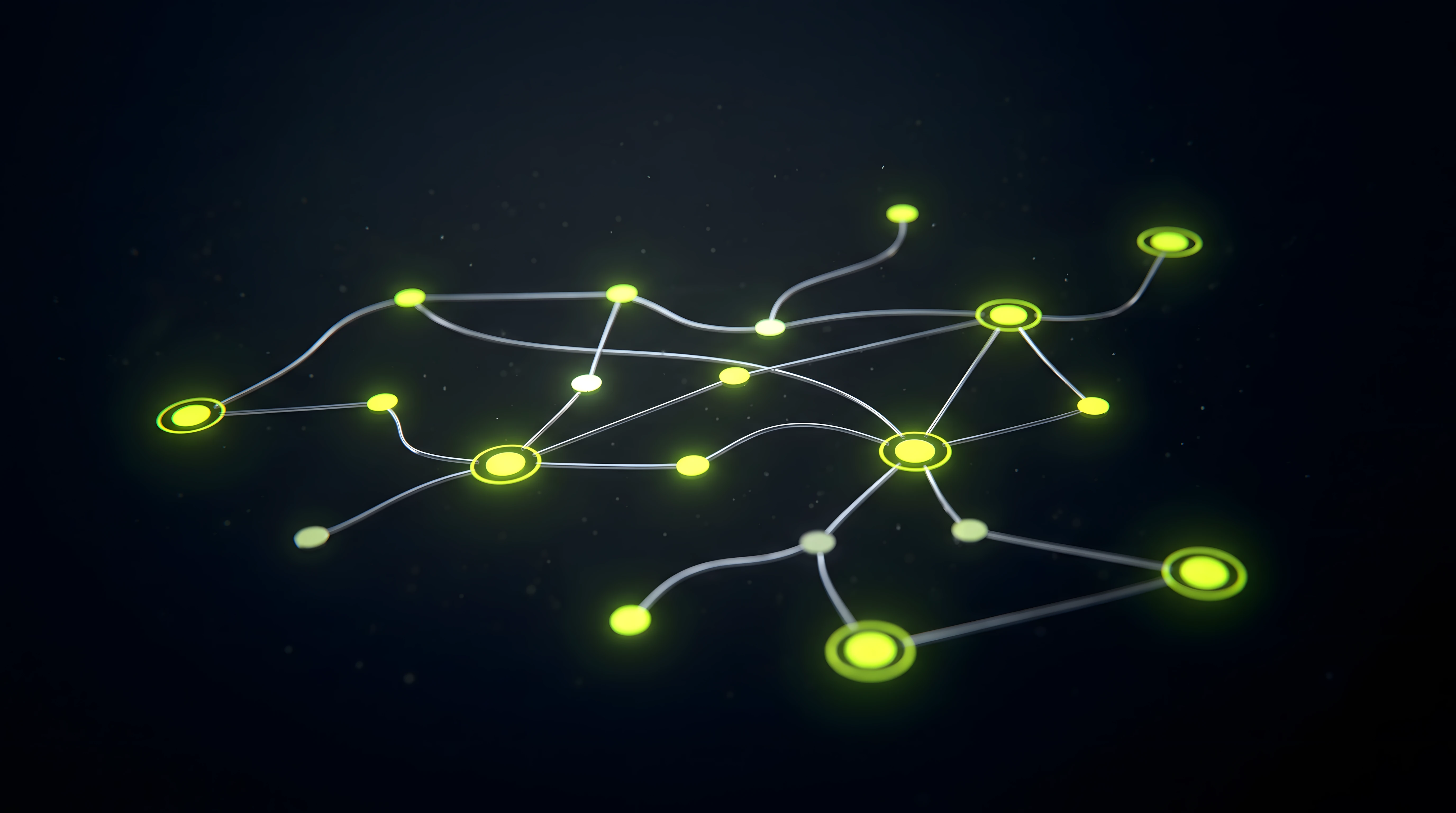 Dark interface map of brand touchpoints as glowing toxic lime points linked by thin chrome lines on deep void black, representing a sound logo rollout plan.