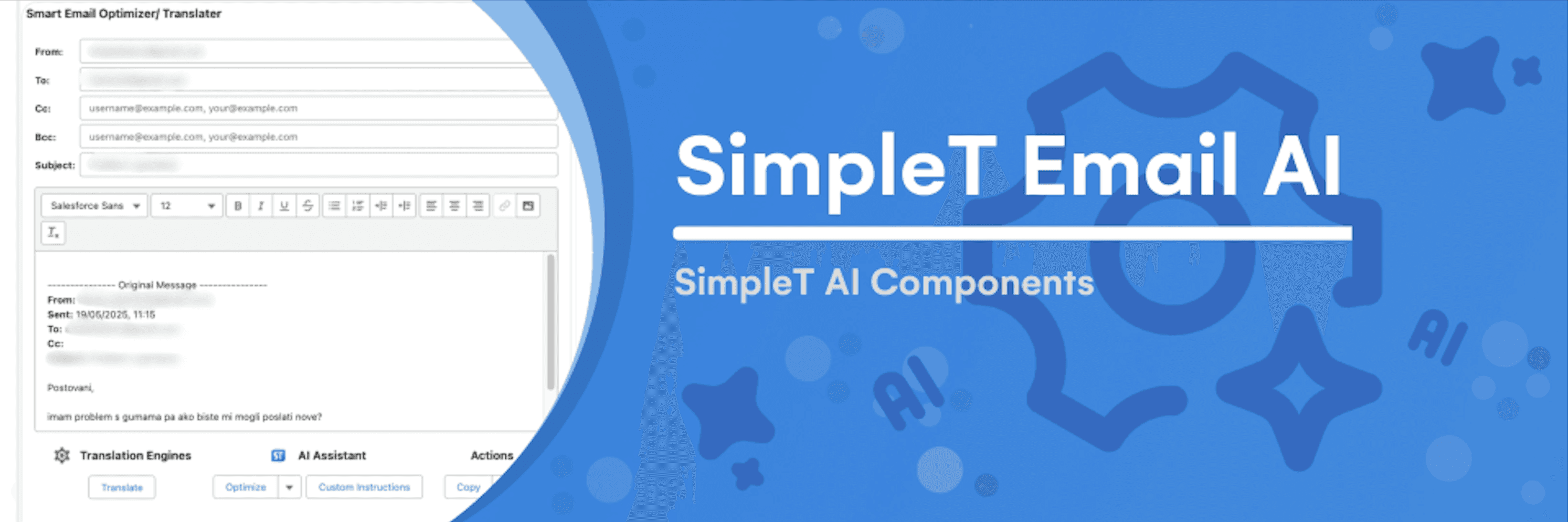 SimpleT Email AI: SimpleT AI Components. Article cover showing the SimpleT Email AI interface for translating, drafting, and managing emails within Salesforce.