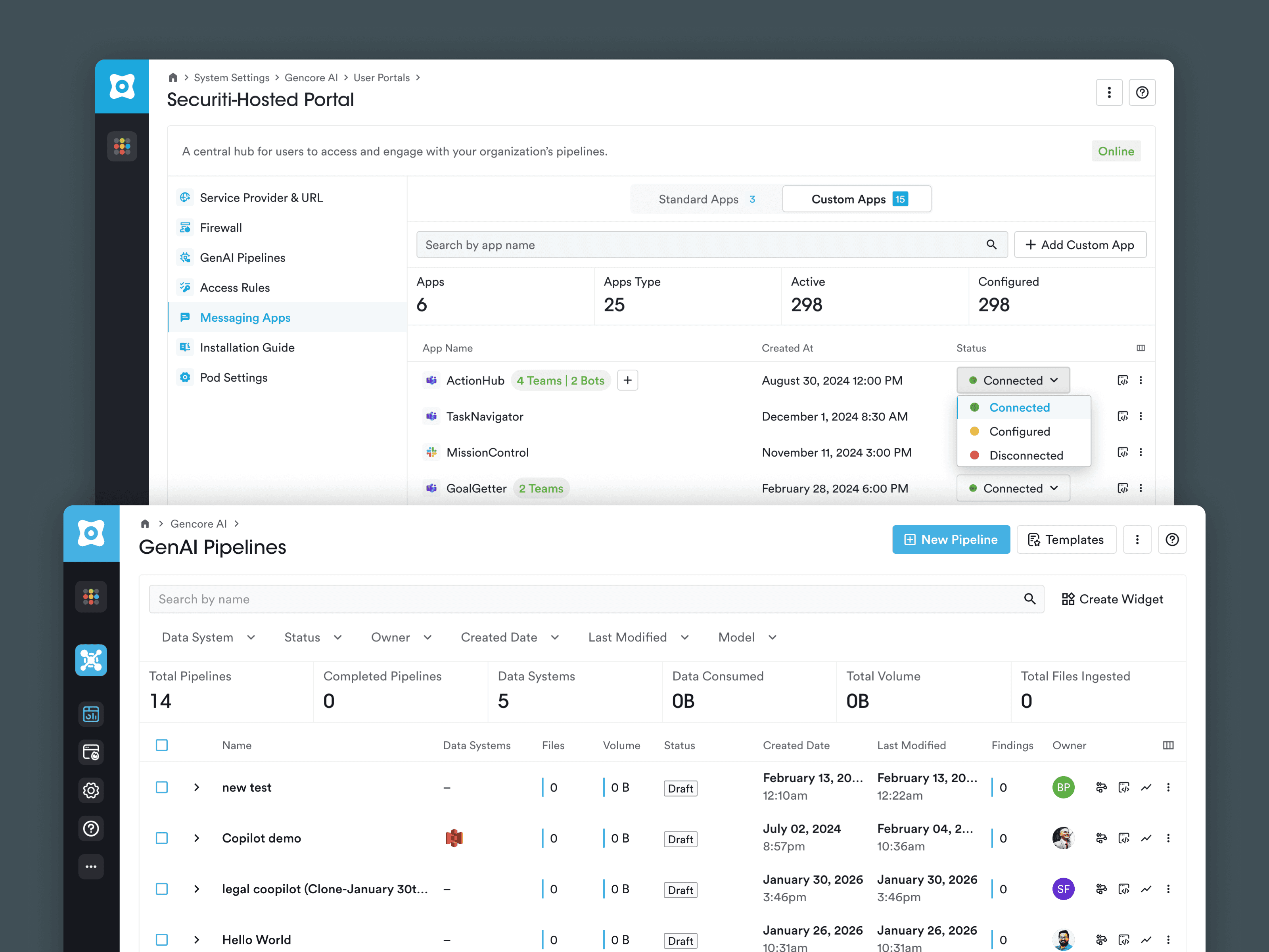 Pipeline and user portal screens from Gencore AI