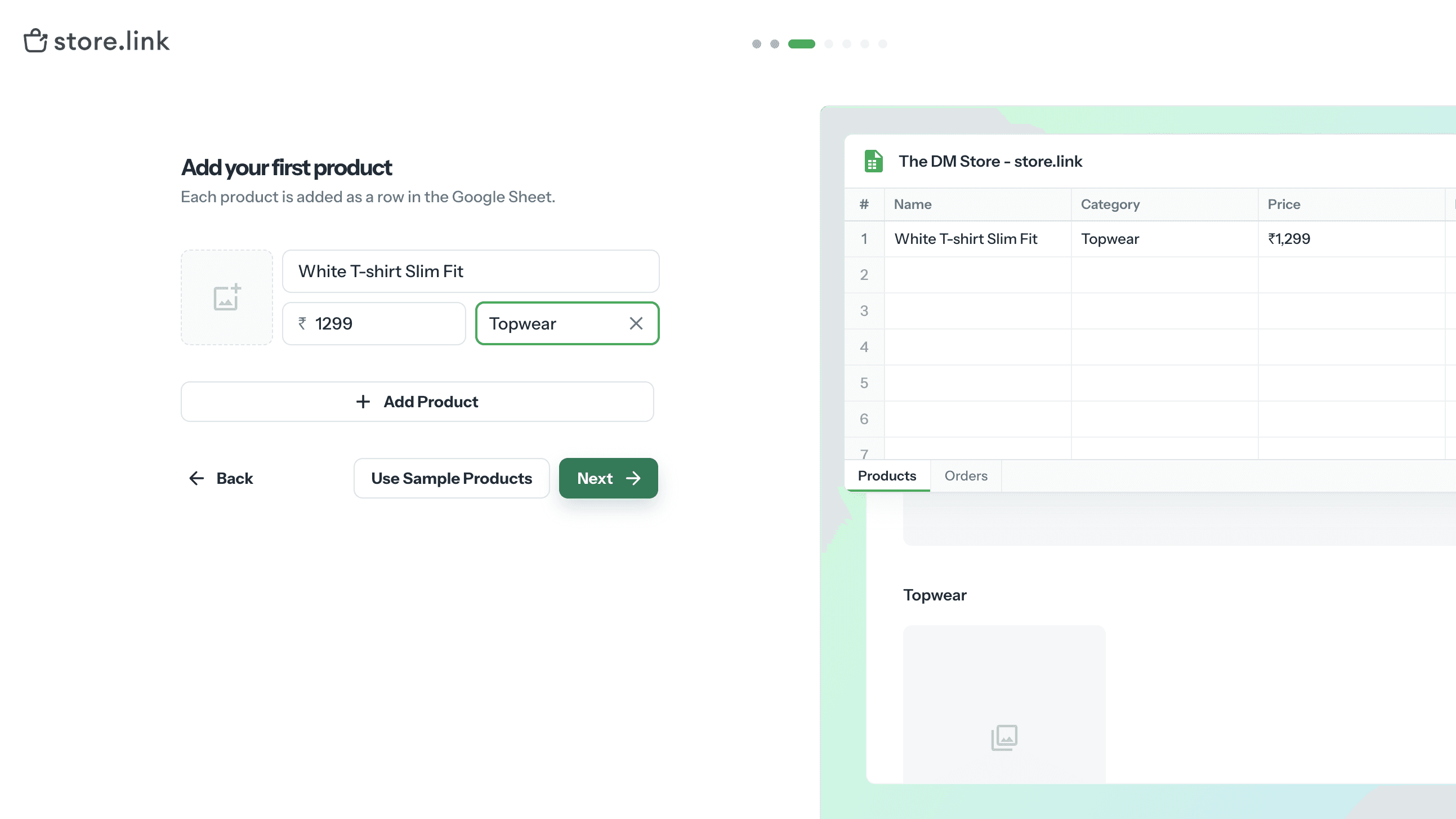 Store.link setup screen showing a product form that syncs to a Google Sheet and live storefront.