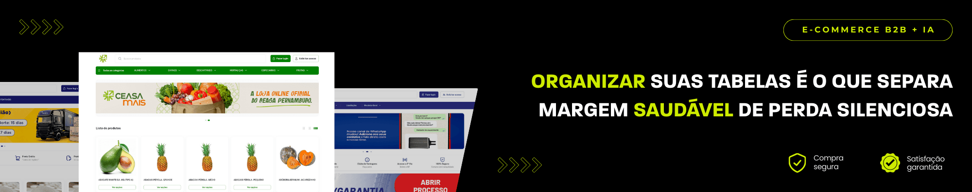 Banner horizontal com fundo escuro, ícones de segurança e satisfação, e imagens de lojas B2B exibidas à esquerda. Elementos gráficos em verde destacam o tema de e-commerce B2B com IA.