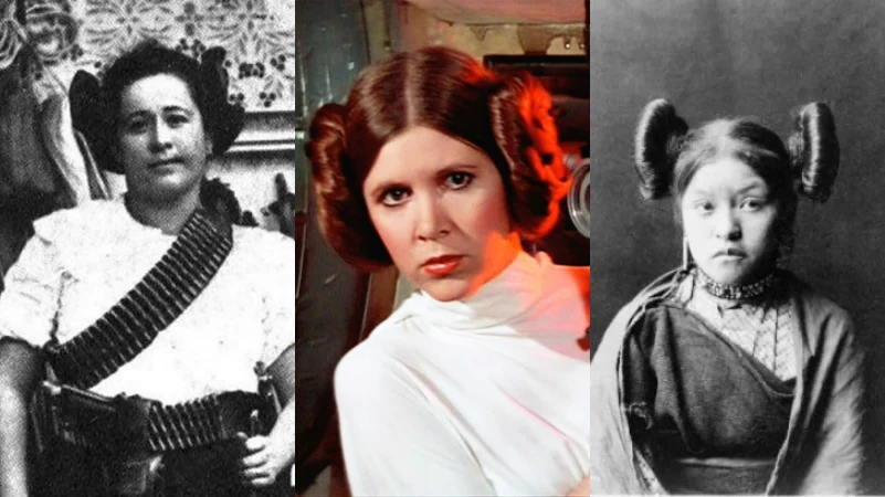 Left, Mexican revolutionary Clara de la Rocha; Center, Carrie Fisher as Princess Leia in A New Hope; Right, a young Hopi woman