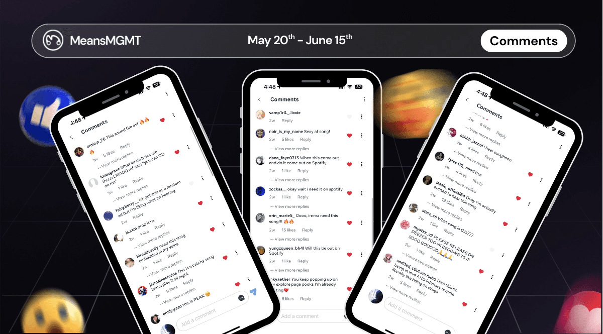 Collage of positive user comments from Meta ads for Ouroboros's Spotify pre-save campaign, showing strong fan excitement for the new song release