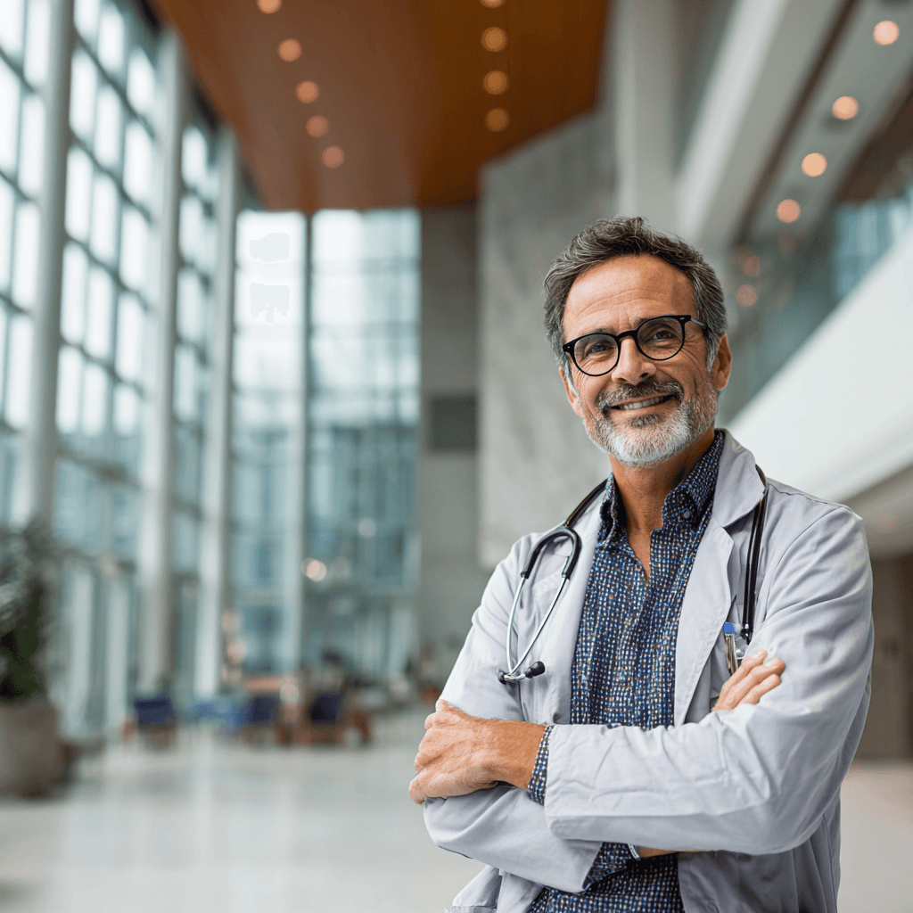 Smiling male doctor with glasses and stethoscope stands confidently with arms crossed in a bright hospital hallway, conveying professionalism.