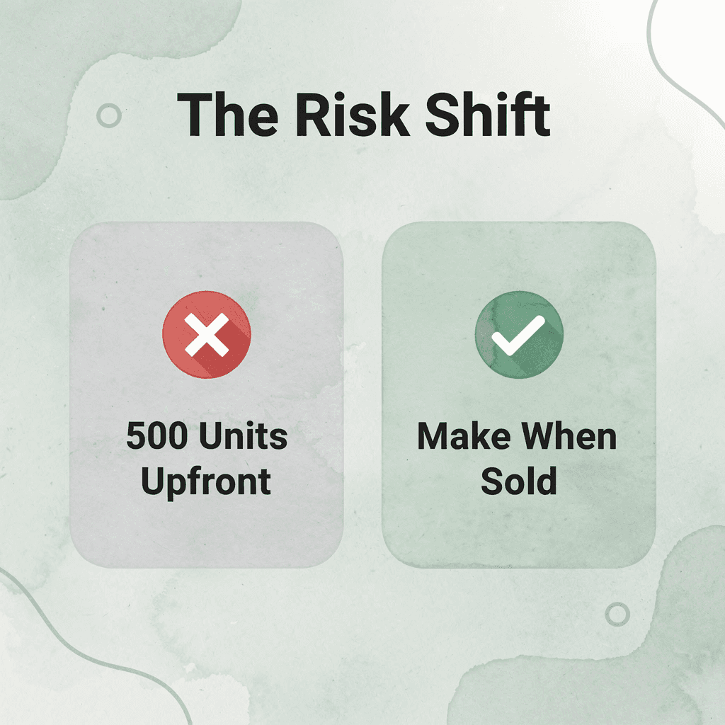 Before and after infographic showing the shift from bulk inventory risk to print-on-demand fulfillment