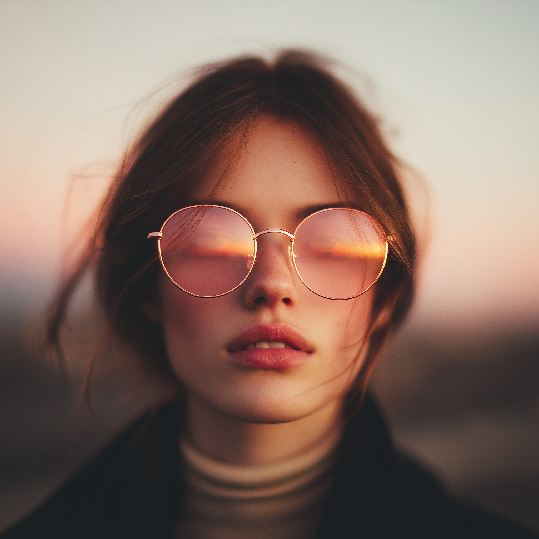 Woman facing forward wearing rose gold sunglasses, soft natural lighting