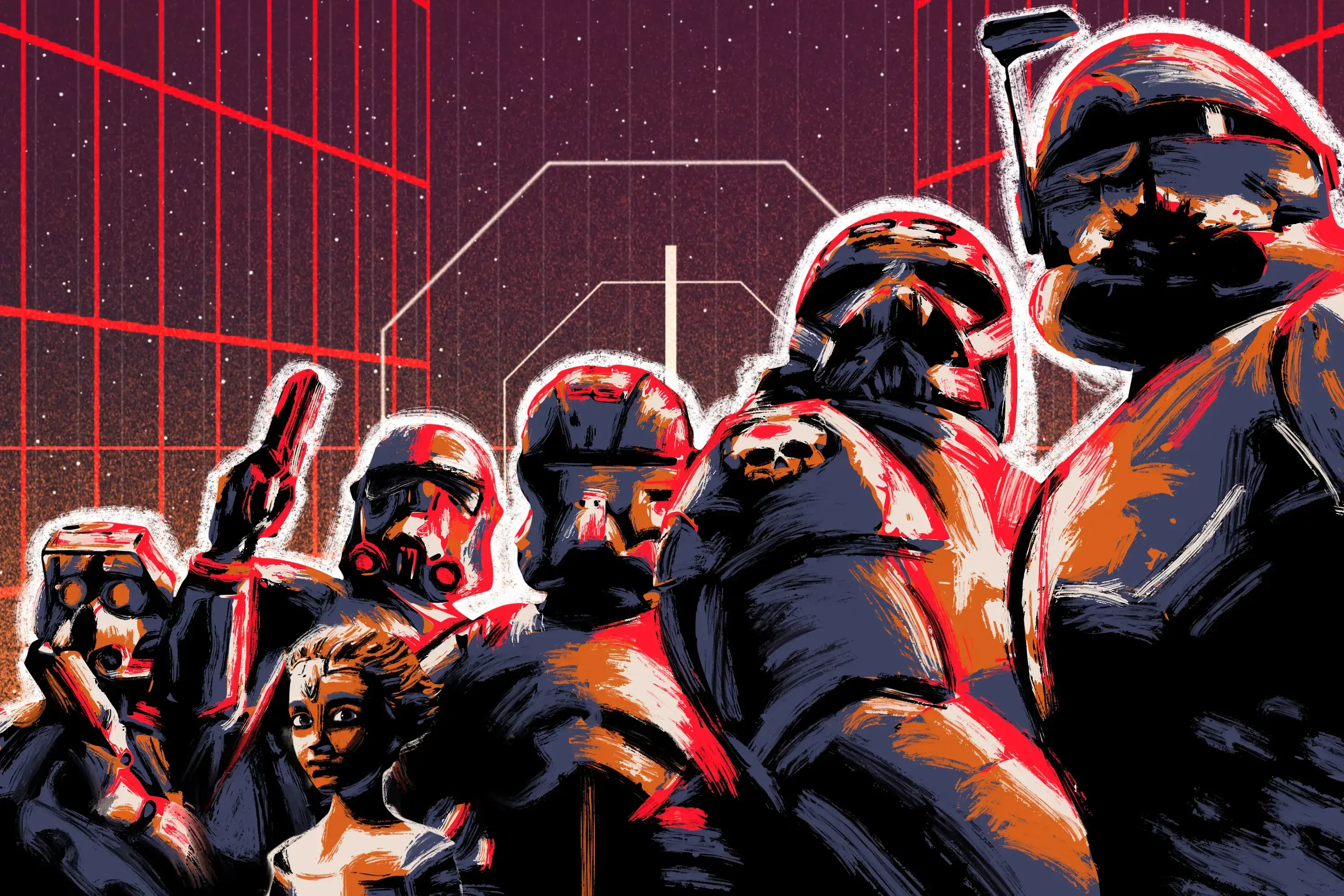 The crew of The Bad Batch in full clone armor over a geometric background