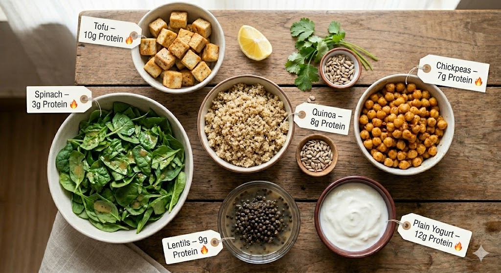 A top-down food photograph of a nutritious vegetarian high-protein meal arrangement on a wooden table. Included are bowls of lentils, chickpeas, tofu cubes, quinoa, fresh spinach, and a small bowl of plain yogurt, with subtle tags showing protein content for each item, like “Lentils – 9g protein” and “Plain Yogurt – 12g protein”.