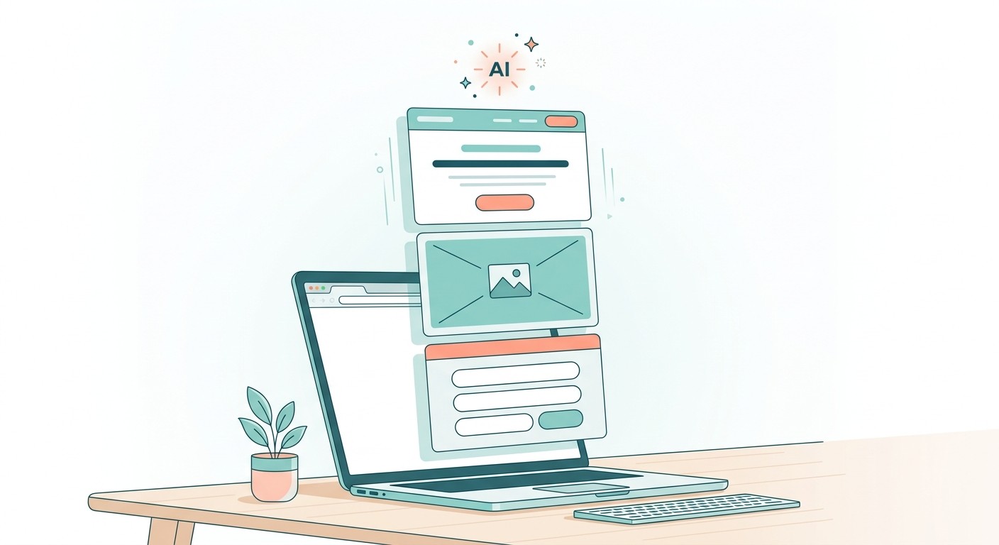Flat illustration of an AI landing page builder assembling a page from content blocks