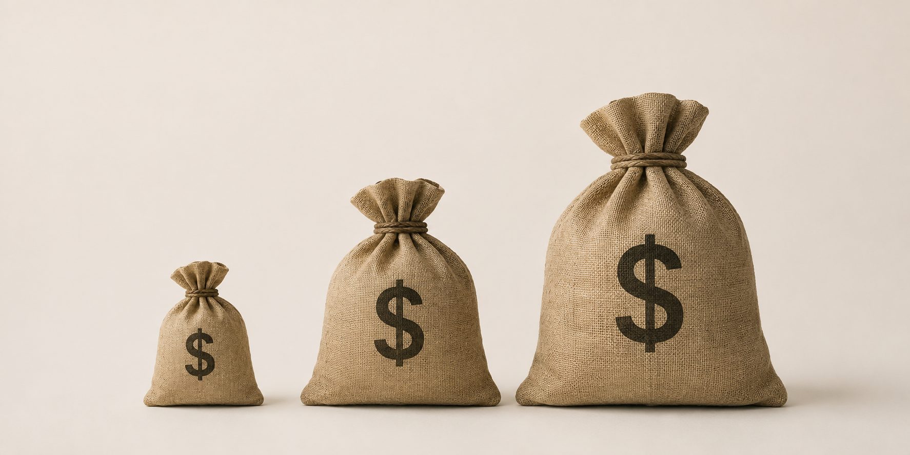 Three burlap money bags increasing in size with dollar signs, representing the rising cost of DIY, boutique agency, and large agency website options.