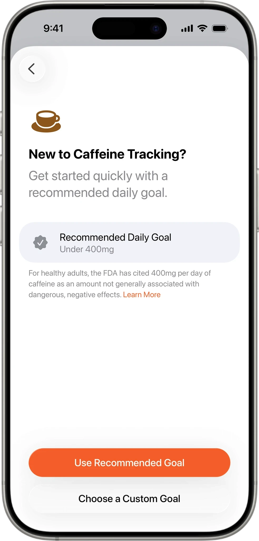 Setting daily caffeine tracking goal in Foodnoms nutrition app with FDA recommended limit