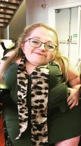 Gem in green dress and leapord print scarf