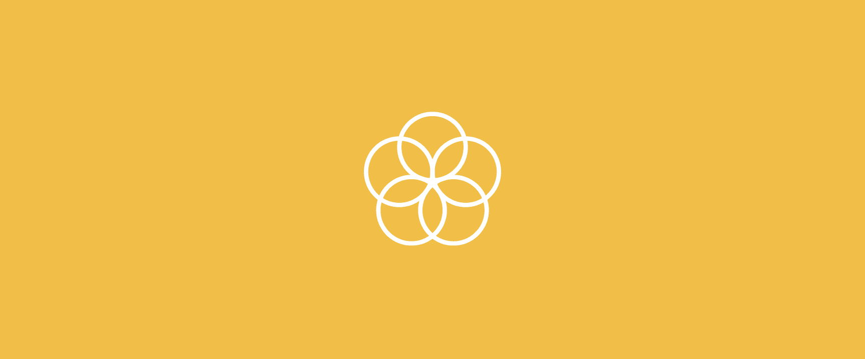 A simple graphic of a yellow background featuring a white stylized flower or emblem in the center.